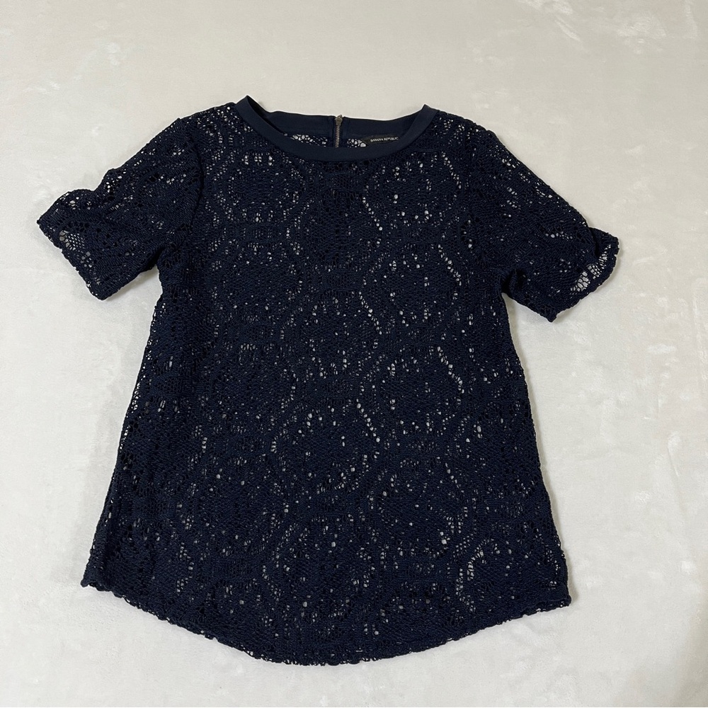 Banana Republic Navy Sheer Lace Crochet Top Short Sleeve Size S